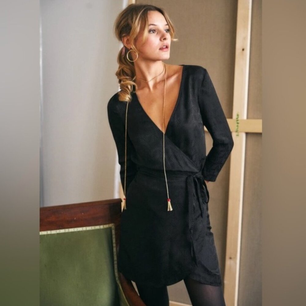 Sézane Black Wrap-around Silk Dress - Picture 2 of 12